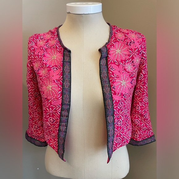 Quilted embellished embroidered boxy cotton open front womens jacket size small - Picture 7 of 7